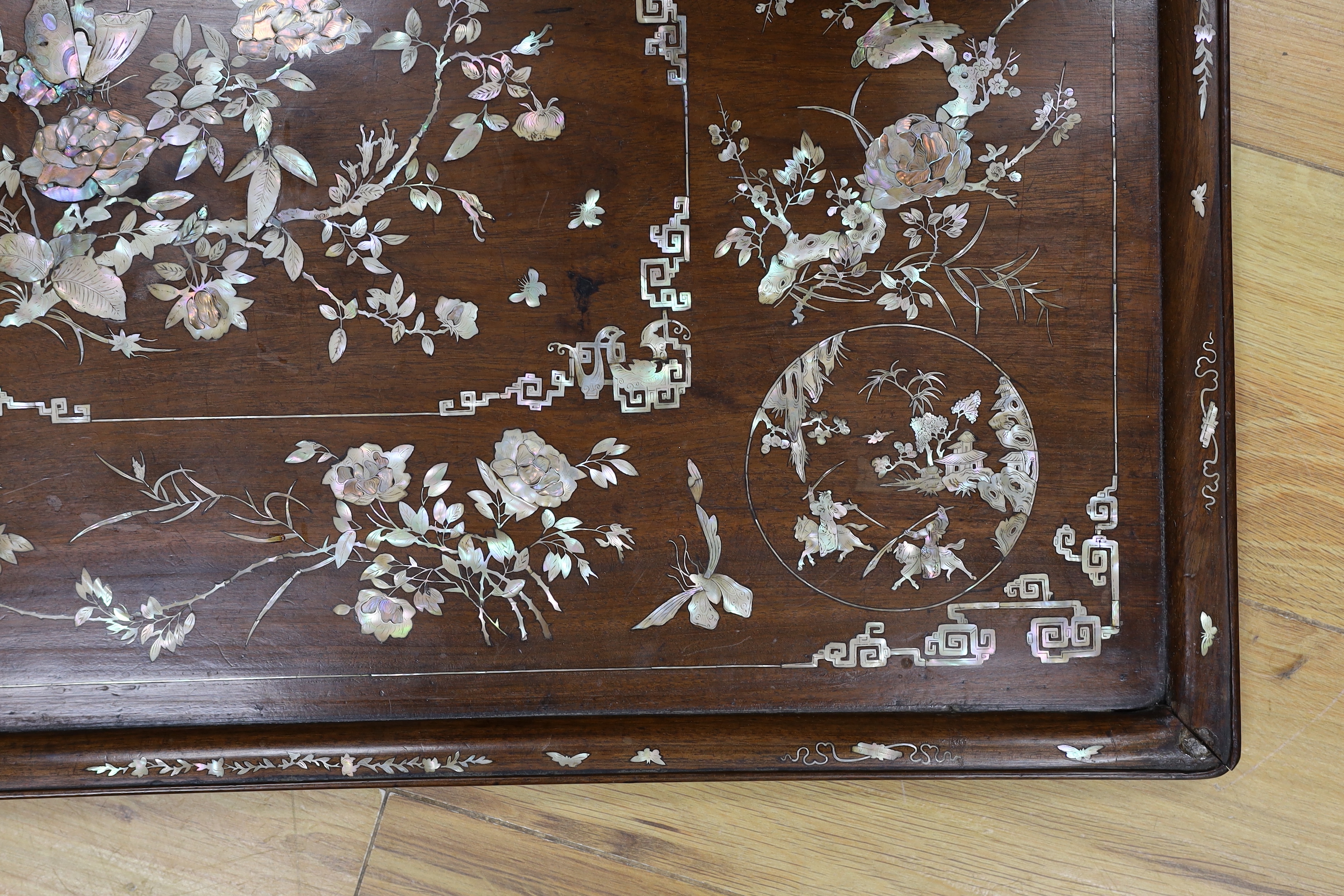 A Chinese mother of pearl inlaid hongmu tray, 47x70cm
